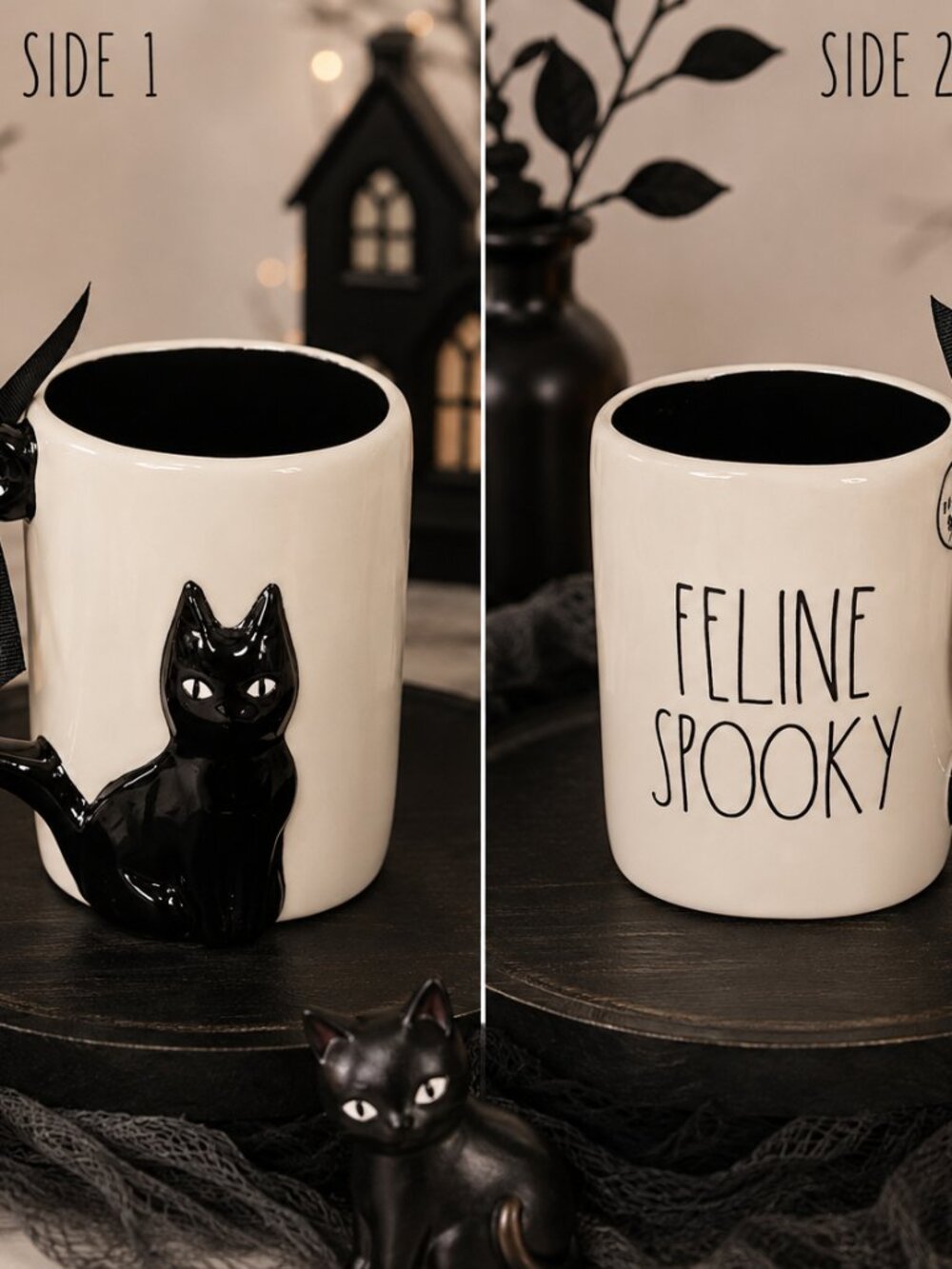 Rae Dunn Feline Spooky HTF 3D Black Cat Mug with Tail Handle